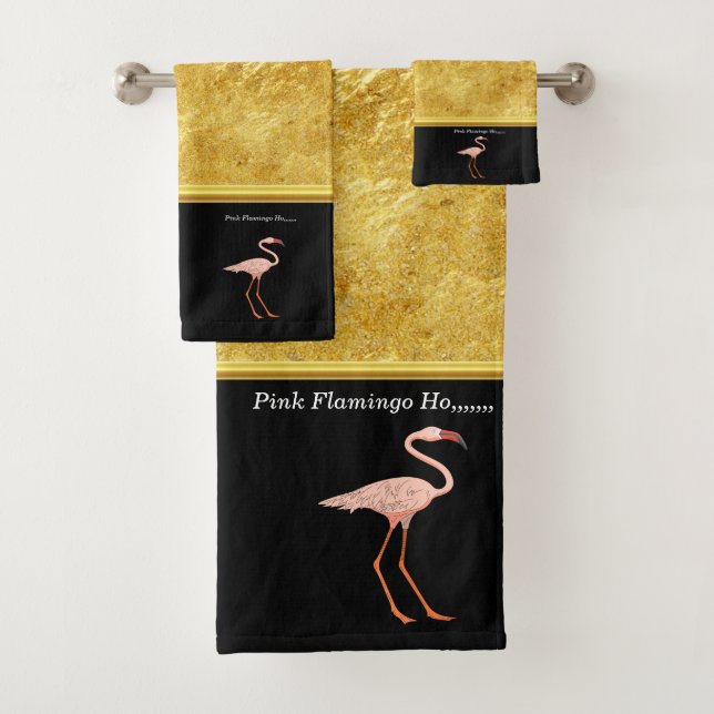 Pink Flamingos standing gold foil texture 1 Bath Towel Set (Insitu)