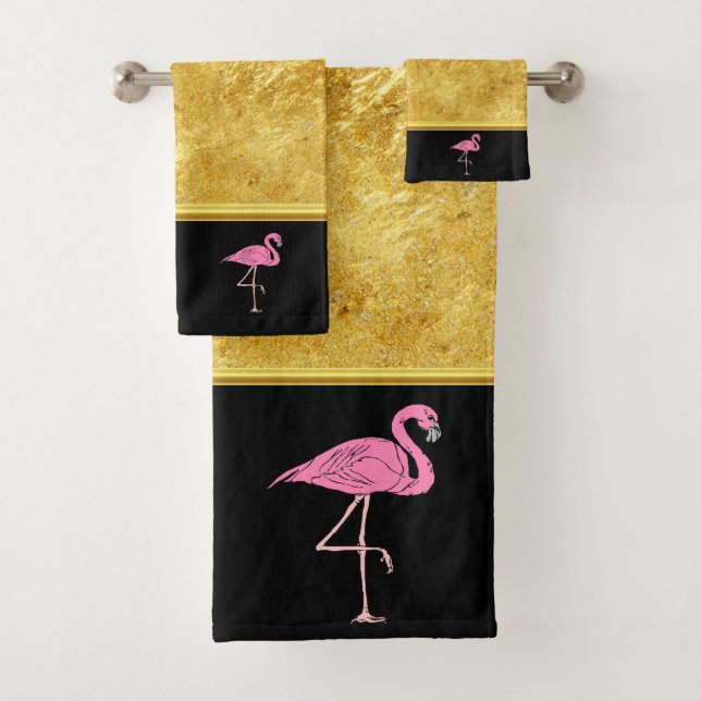Pink Flamingos standing with gold foil texture 3 Bath Towel Set (Insitu)