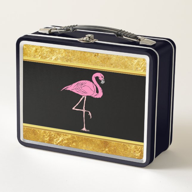 Pink Flamingos standing with gold foil texture 3 Metal Lunch Box (Front)