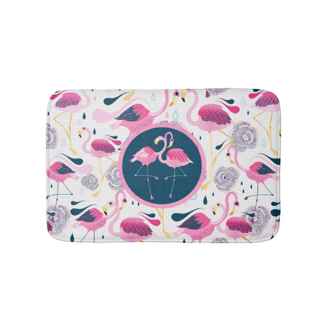 Pink Flamingos Stylised Illustration Pattern Bath Mat (Front)