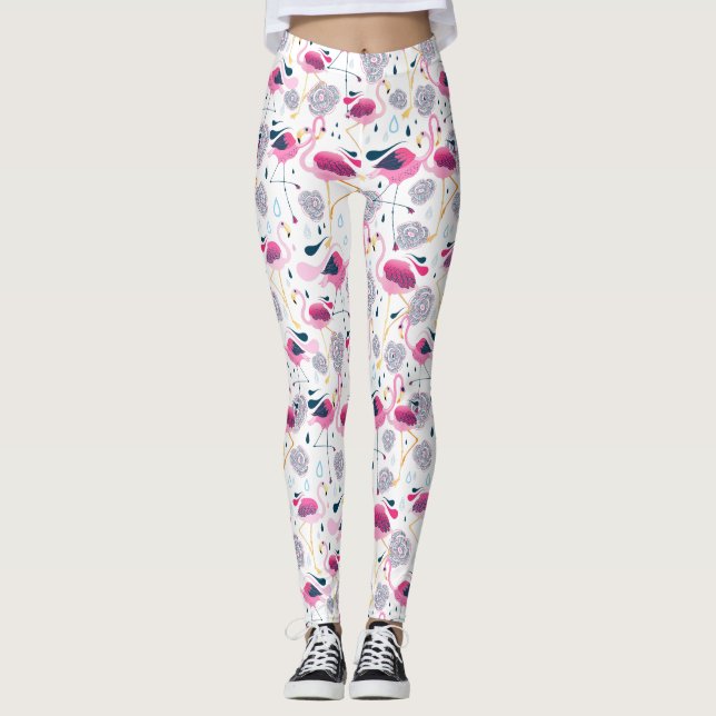 Pink Flamingos Stylised Tropical Flowers Pattern Leggings (Front)
