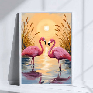 Pink Flamingos Sunset Animal Painting Poster