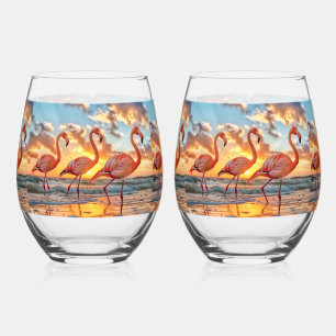 Pink Flamingos Sunset Ocean Tropical Sky Clouds Stemless Wine Glass