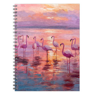 Pink Flamingos Sunset Watercolor Shore Art Notebook