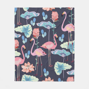 Pink flamingos surrounded by lotus flowers and pro fleece blanket