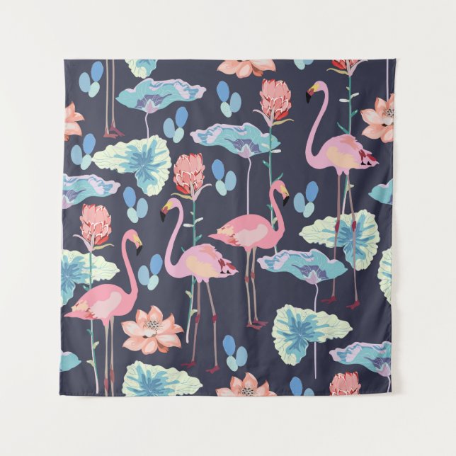 Pink flamingos surrounded by lotus flowers and pro tapestry (Front)