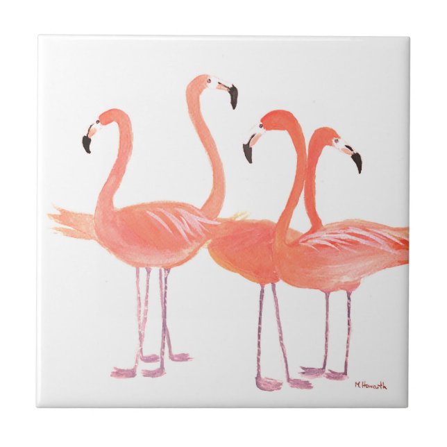 Pink flamingos Tropical birds watercolor Cute Tile (Front)
