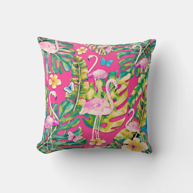 Pink Flamingos Tropical Botanical Butterfly Garden Cushion (Front)
