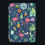 Pink Flamingos & Tropical Colourful Pattern iPad Mini Cover<br><div class="desc">Cute colourful tropical flowers,  animals,  flamingos,  pineapple,  cactus seamless pattern with navy blue changeable background colour.</div>