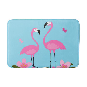 Pink Flamingos Tropical Floral Illustration Bath Mat
