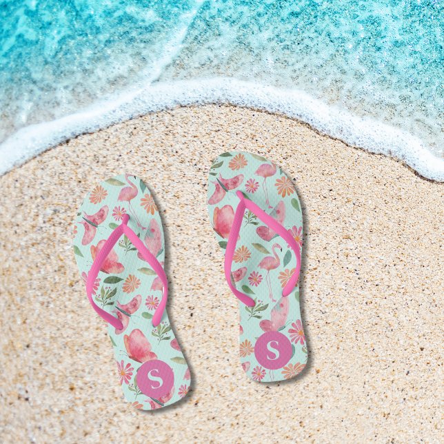 Pink Flamingos Tropical Floral Pattern Monogrammed Jandals (Creator Uploaded)
