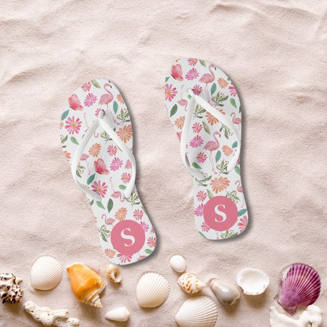 Pink Flamingos Tropical Floral Pattern Monogrammed Jandals (Creator Uploaded)