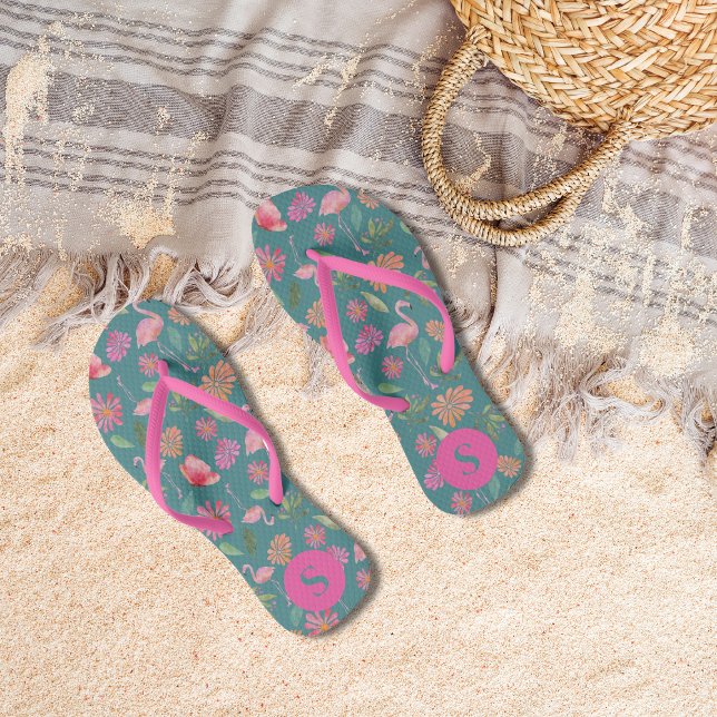 Pink Flamingos Tropical Floral Pattern Monogrammed Jandals (Creator Uploaded)