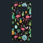 Pink Flamingos & Tropical Flowers & Succulents GR3<br><div class="desc">Cute pink flamingos with tropical flowers,  leafs,  birds,  and pineapple over black background.</div>