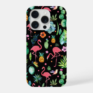 Pink Flamingos, Tropical Flowers, Succulents iPhone 15 Pro Case