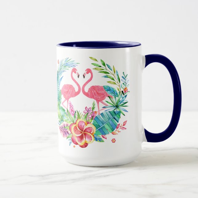 Pink Flamingos Tropical Flowers Wreath Mug (Right)
