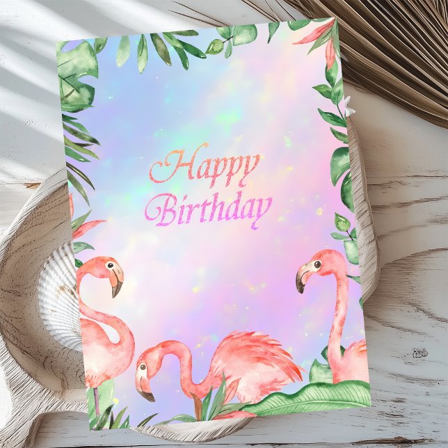Pink Flamingos Tropical Holographic Birthday Card (Creator Uploaded)