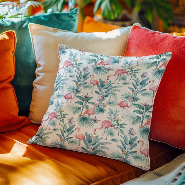 Pink flamingos tropical leaves pattern cushion (Creator Uploaded)