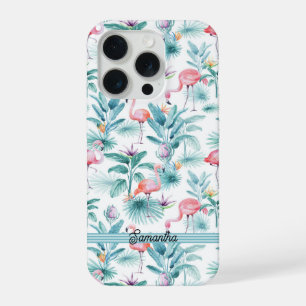 Pink flamingos tropical leaves pattern iPhone 15 pro case