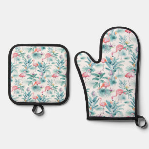 Pink flamingos tropical leaves pattern oven mitt & pot holder set