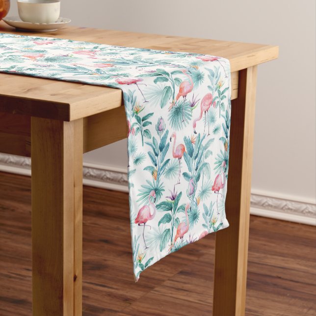 Pink flamingos tropical leaves pattern short table runner (In Situ)