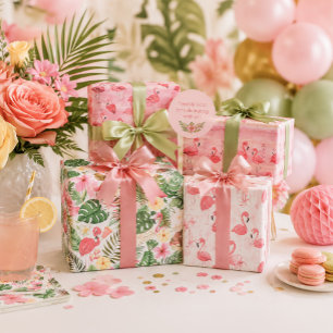 Pink Flamingos Tropical Leaves  Wrapping Paper Sheet