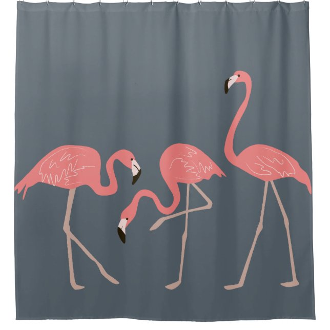 Pink Flamingos Tropical On Grey Background Shower Curtain (Front)