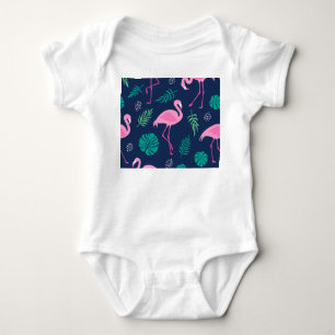 Pink flamingos, tropical palms, hand-drawn seamles baby bodysuit