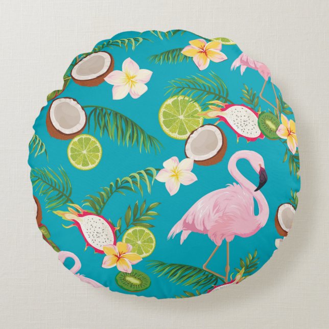 Pink Flamingos: Tropical Seamless Pattern Round Cushion (Front)