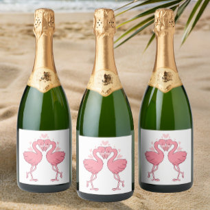 Pink Flamingos Tropical Summer Beach Wedding Sparkling Wine Label