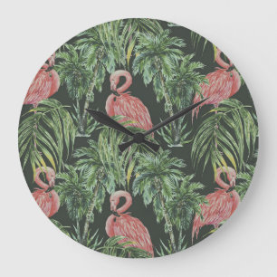 Pink flamingos, tropical vintage pattern. large clock