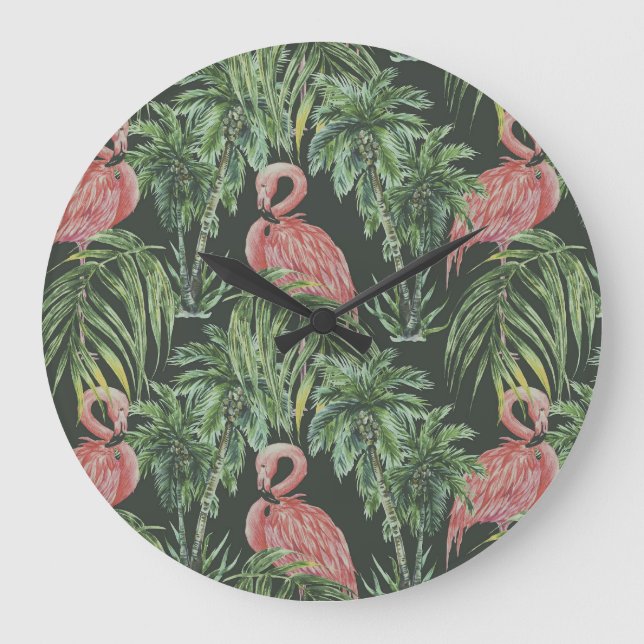 Pink flamingos, tropical vintage pattern. large clock (Front)