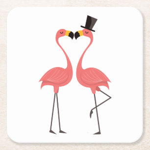 Pink Flamingos Tropical Wedding, Party, Luau Square Paper Coaster