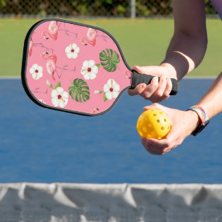 PINK FLAMINGOS TROPICAL WHITE HIBISCUS PICKLEBALL PADDLE