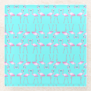 Pink Flamingos Turqouise Summer Beach Glass Coaster