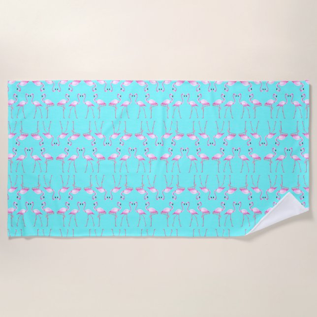 Pink Flamingos Turqouise Summer Beach Towel (Front)