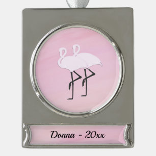 Pink Flamingos with Name and Date Silver Plated Banner Ornament