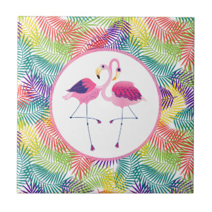 Pink Flamingos With Tropical Leafs Pattern Tile