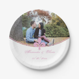 Pink Fleur de Lis Photo Wedding Paper Plate