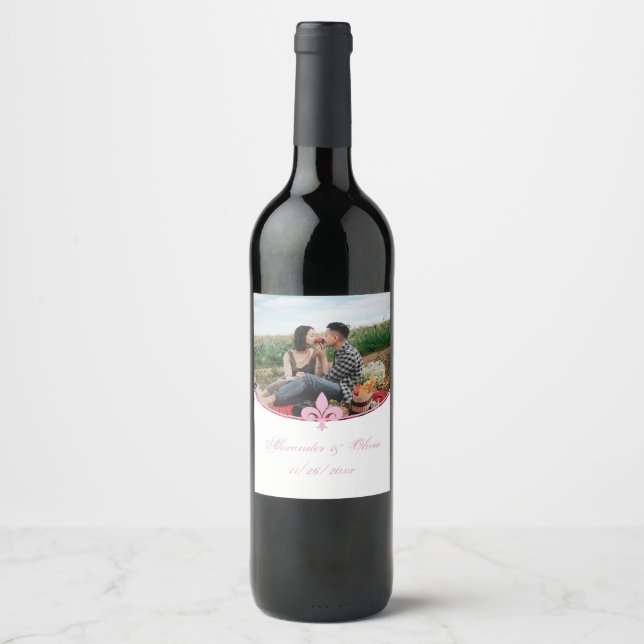 Pink Fleur de Lis Photo Wedding Wine Label (Front)