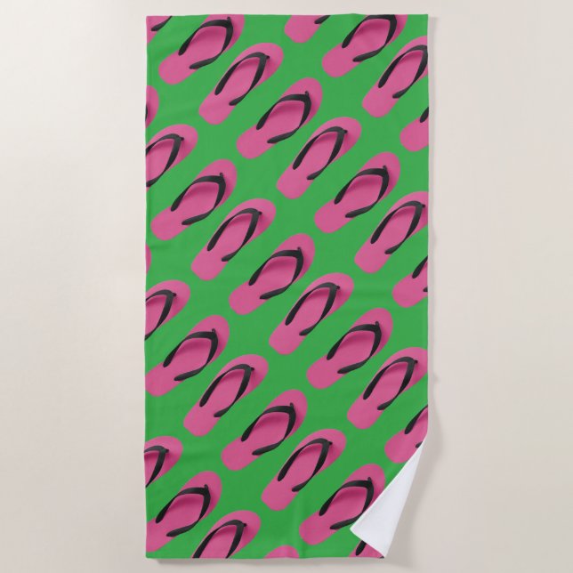 Pink Flip Flops Green  Beach Towel (Front)