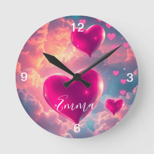 Pink Floating Hearts in the Sky Round Clock