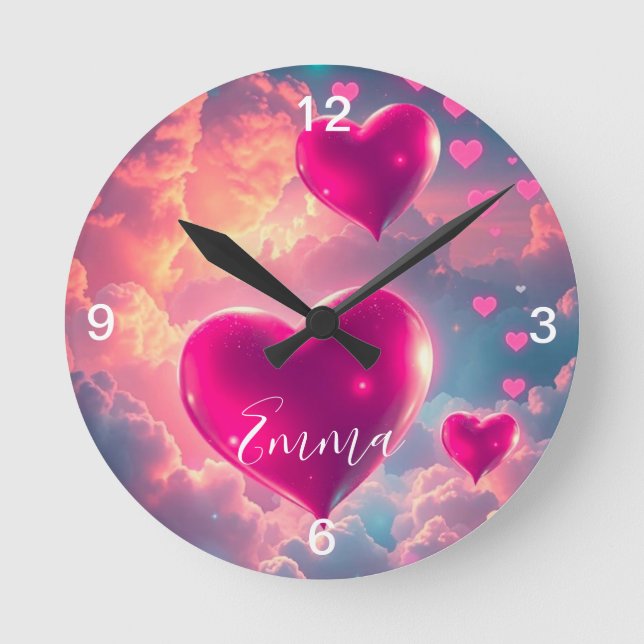 Pink Floating Hearts in the Sky  Round Clock (Front)