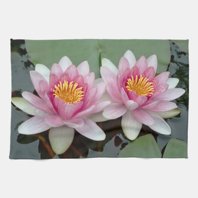 Pink Floating Waterlily Lotus Kitchen Towel (Horizontal)