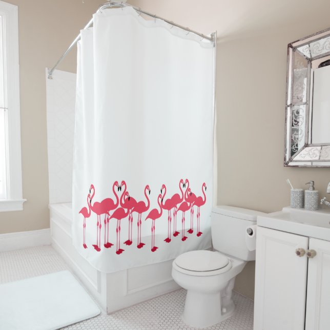 Pink Flock Of Flamingos Themed Shower Curtain (In Situ)