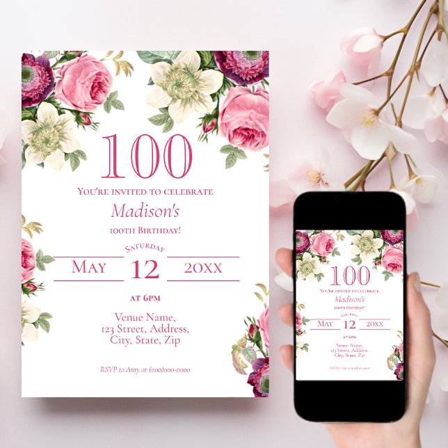 Pink Floral 100th Birthday Invitation (Creator Uploaded)