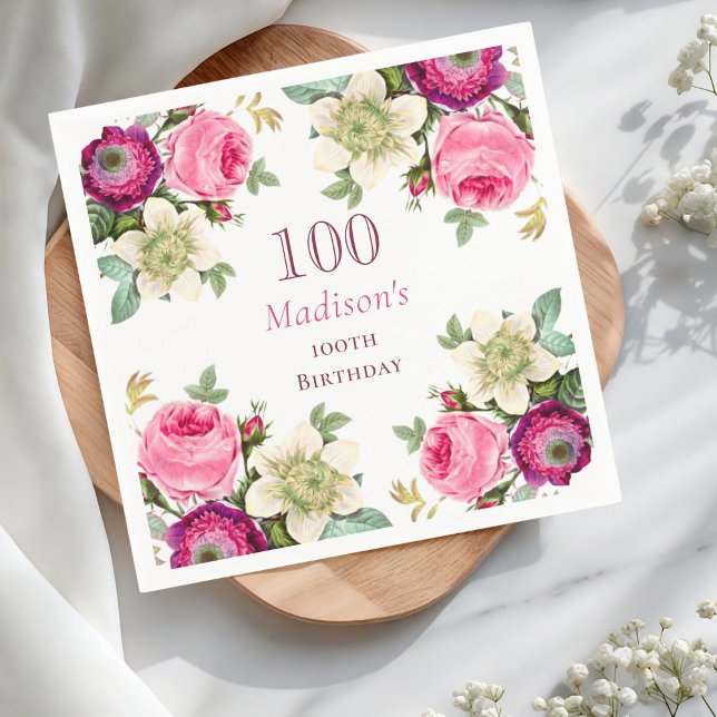 Pink Floral 100th Birthday  Napkin (Creator Uploaded)