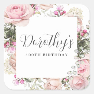 Pink Floral 100th Birthday Party Custom Favour Square Sticker