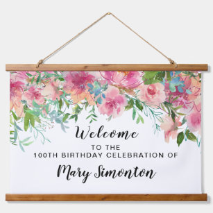 Pink Floral 100th Birthday Party Welcome Banner Hanging Tapestry