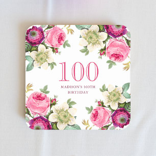 Pink Floral 100th Birthday  Square Paper Coaster